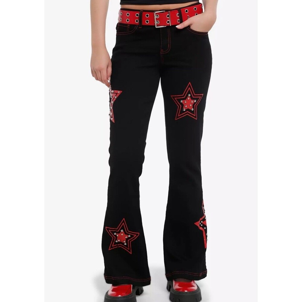 New! Hot Topic Social Collision Red Star Studded Low Rise Flares Belted Sz 13